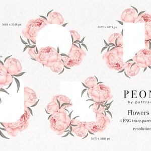 Water colors of peony flowers, floral frames, pink peonies, digital download, PNG File, clip art