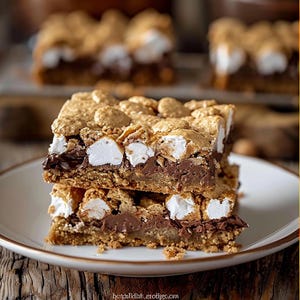 Puede incluir: Dos barras de postre cuadradas apiladas en un plato blanco. Las barras tienen una base de galleta Graham, una capa de chocolate y una cobertura de malvaviscos y cereales. El fondo muestra más barras de postre sobre una superficie de madera.