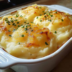 May include: A white ceramic baking dish filled with golden brown mashed potatoes topped with melted cheese and chopped chives.