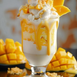 Può includere: Un dessert al mango in un bicchiere alto. È composto da strati di crema bianca e pezzi di mango gialli. Il dessert è guarnito con panna montata e pezzi di mango, con una fetta di mango come guarnizione.