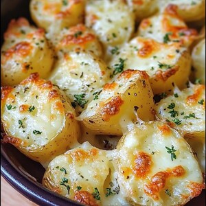 May include: Close-up of a dish of roasted potatoes topped with melted cheese and sprinkled with fresh herbs. The potatoes are golden brown with crispy edges, and the cheese is bubbly and browned. A delicious and appetizing meal.