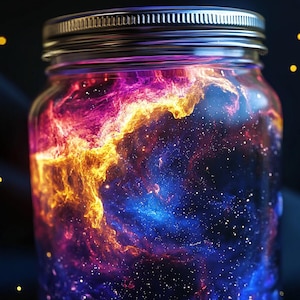 Op de afbeelding: Een glazen pot met een zilveren deksel, die een draaiende nevel bevat in roze, oranje en blauwe kleuren met een donkerblauwe achtergrond en witte sterren.