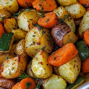 May include: A close-up of a bowl of roasted vegetables, including potatoes, carrots, and zucchini. The vegetables are golden brown and have a crispy texture. There are sprigs of fresh thyme scattered throughout the bowl.