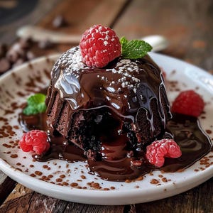 Op de afbeelding: Een chocolade lavacake op een wit bord, gegarneerd met een verse framboos, poedersuiker en een muntblad. De cake is bedekt met glanzende chocoladesaus, met extra frambozen rond het bord. Chocoladeschilfers zijn ook zichtbaar.