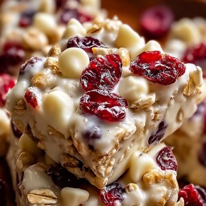 Può includere: Primo piano di una pila di barrette di granola ricoperte di cioccolato bianco. Le barrette sono ricoperte da mirtilli rossi secchi e gocce di cioccolato bianco. La base di granola è visibile, con avena e noci.