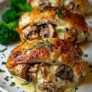Pollo relleno de champiñones con mantequilla, ajo y queso (descargable): una cena jugosa y sabrosa