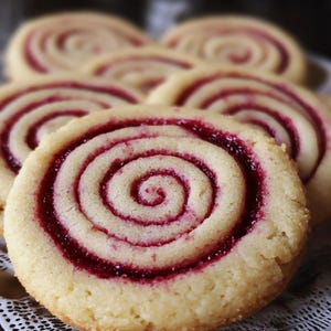 Può includere: Primo piano di un biscotto a spirale con ripieno di marmellata di lamponi rosa. Il biscotto è di colore marrone chiaro e presenta un motivo a spirale.