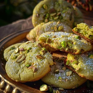 Könnte beinhalten: Nahaufnahme von mehreren Pistazienkeksen auf einem dekorativen Teller. Die hellgrünen Kekse sind mit gehackten Pistazien und Puderzucker bestreut. Einige Kekse sind ganz, andere zerbrochen und zeigen die innere Textur.