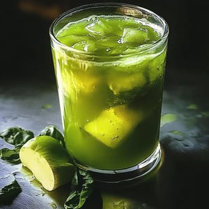 May include: A tall glass filled with a green, refreshing drink with ice cubes. The drink is garnished with a slice of green apple and basil leaves.