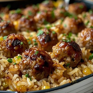 Receita de arroz assado com almôndegas de alho e mel para download – Comida reconfortante fácil e deliciosa