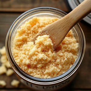 May include: A clear glass jar filled with a light yellow, granular substance, possibly a spice or food ingredient. A wooden spoon rests inside the jar, partially submerged in the contents. The jar sits on a wooden surface.