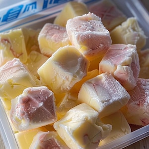 May include: A close-up of a container filled with frozen cubes of pink and white ice cream. The cubes are arranged in a random pattern and are covered in a thin layer of frost.