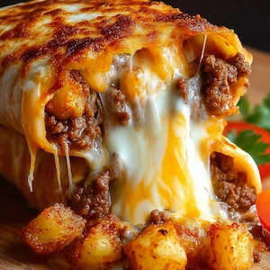 Può includere: Primo piano di un burrito al formaggio al forno con formaggio fuso, carne macinata e patate. Il formaggio è dorato e frizzante, con formaggio fuso che cola ai lati. Il burrito è su una superficie di legno.