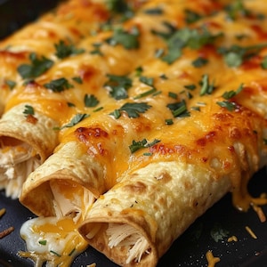 May include: Close-up of three enchiladas with melted orange cheese and chopped green herbs. The tortillas are filled with shredded chicken and cheese, with some cheese and sauce spilling out. The dish is on a dark surface.