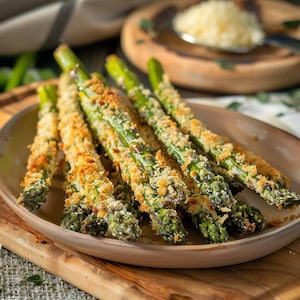 May include: A plate of baked asparagus spears with a golden-brown, breadcrumb crust. The green asparagus is arranged on a light brown plate, set on a wooden cutting board. A small wooden bowl with grated cheese is in the background.