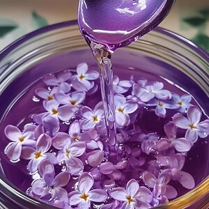 Puede incluir: Un tarro de vidrio lleno de líquido morado y flores de lila. El líquido se vierte de una cuchara.