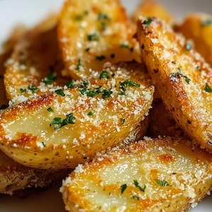 May include: Close-up of crispy potato wedges seasoned with herbs and grated cheese. The wedges are golden brown and have a slightly crunchy texture.