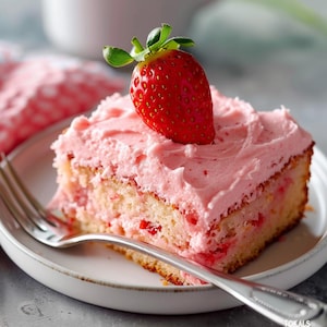Può includere: Una fetta di torta alle fragole con glassa rosa e una fragola fresca sopra. La torta è su un piatto bianco con una forchetta d'argento. La torta ha pezzi di fragola visibili.