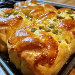 Puede incluir: Primer plano de cuatro bollos dorados con queso derretido y pimientos verdes encima. Los bollos están en una bandeja para hornear negra.