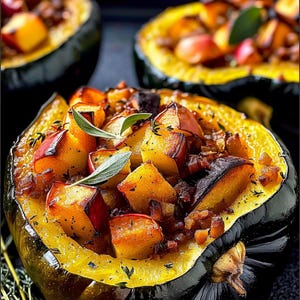 May include: A close-up of a halved acorn squash filled with roasted apples, herbs, and spices. The squash has a dark green exterior and a bright yellow interior. The apples are golden brown and red, with fresh herbs sprinkled on top. The dish is presented on a dark surface.
