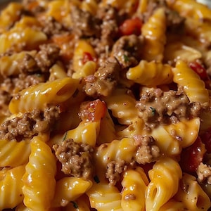 May include: Close-up of a pasta dish with spiral-shaped noodles, ground meat, and diced tomatoes. The noodles are coated in a creamy, orange sauce. The dish is a close-up shot, highlighting the textures and colors.