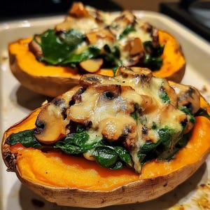 Receta descargable: Boniatos rellenos de espinacas y champiñones para una comida completa
