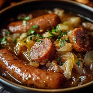 Peut inclure: Un gros plan d'un bol de saucisses et d'oignons dans une sauce brune. La saucisse est cuite et a une couleur brun doré. Les oignons sont tendres et translucides. La sauce est épaisse et riche.