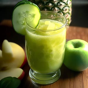 Puede incluir: Un batido verde en un vaso con una rodaja de pepino como guarnición. El batido está hecho con piña, manzana y pepino.