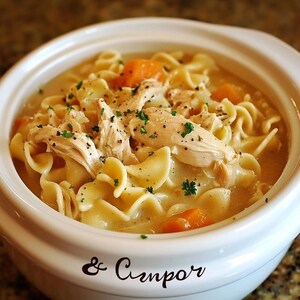 May include: A white bowl filled with chicken noodle soup. The soup is topped with shredded chicken, noodles, carrots, and parsley. The bowl has the words "& Cmpor" written on the bottom.