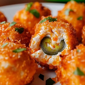 May include: Close-up of several fried, orange-colored appetizers. One is cut open, revealing a creamy white filling, a slice of green jalapeño, and orange sauce. Garnished with green herbs, these appetizers are likely a savory snack.
