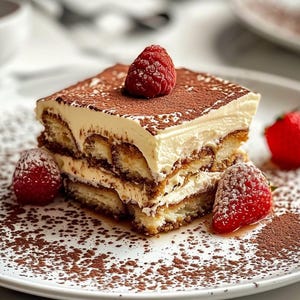Peut inclure: Une part de tiramisu sur une assiette blanche, saupoudrée de cacao en poudre et garnie de framboises et de fraises fraîches. Le dessert présente des couches de boudoirs, de mascarpone crémeux et une garniture de cacao en poudre.