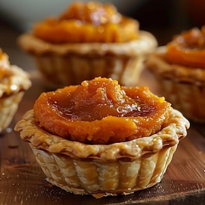 Può includere: Primo piano di diverse mini tortine di zucca. Ogni tortina ha una crosta dorata e friabile ripiena di un mucchio di ripieno di zucca arancione. Le tortine sono disposte su una superficie di legno, alcune sfocate sullo sfondo.