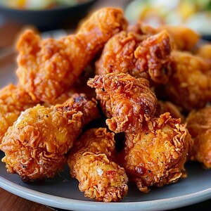 May include: Close-up of a plate of crispy, golden brown fried chicken pieces. The chicken is piled high and looks delicious.