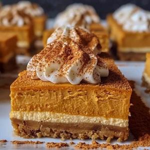 Puede incluir: Una porción de tarta de queso de calabaza en capas con una base de galleta, una capa blanca cremosa y un relleno color calabaza. La tarta de queso está cubierta con crema batida y espolvoreada con canela. Varias otras porciones están en el fondo.