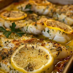 Può includere: Primo piano di una pirofila piena di pesce al forno condito con fette di limone ed erbe aromatiche. Il pesce è cotto alla perfezione e le fette di limone brillano.