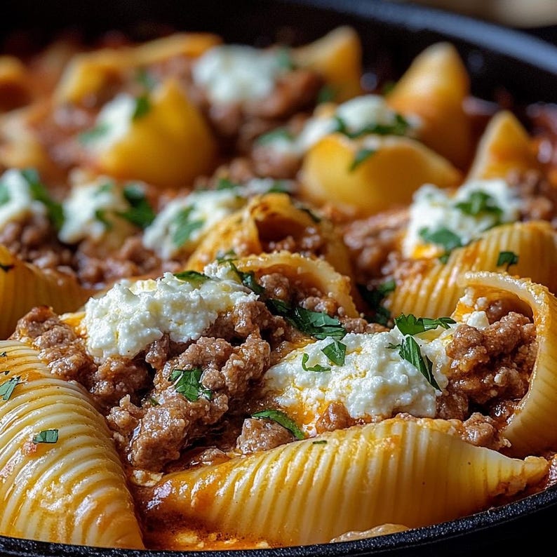 May include: A close-up of a dish of baked pasta shells filled with a meat sauce and topped with ricotta cheese and fresh parsley.