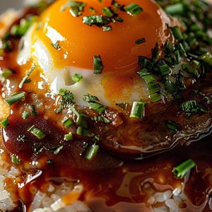 May include: Close-up of a savory dish featuring a fried egg with a bright orange yolk, set atop a bed of white rice and a rich, dark sauce. Garnished with fresh, green chopped chives, the dish has a glossy, appetizing appearance.