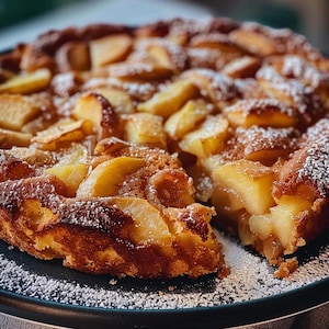 以下が含まれることがあります： 暗いお皿に盛られた、焼かれたリンゴのデザートのクローズアップ。デザートは黄金色の焼き色で、リンゴのスライスと粉砂糖がトッピングされています。一切れが取り除かれ、内部が見えています。