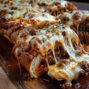 Könnte beinhalten: Nahaufnahme eines gebackenen italienischen Subs mit geschmolzenem Käse, Fleisch und Tomatensauce. Das Brot ist goldbraun und der Käse zieht Fäden. Mit Kräutern bestreut, liegt das Sub auf einer Holzoberfläche.