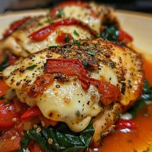 Receta descargable de pollo relleno: pimiento rojo asado, espinacas y mozzarella (PDF)