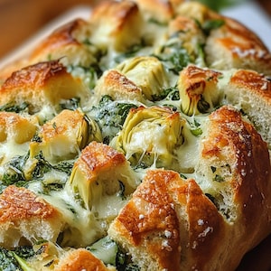 Può includere: Primo piano di una pagnotta di pane cotta ripiena di spinaci, cuori di carciofo e formaggio fuso. Il pane è dorato e il formaggio è filante.