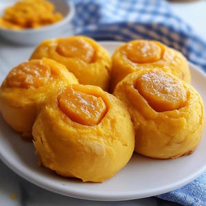 Può includere: Sei panini di colore giallo dorato a forma di zucca con un ripieno di arancia dolce. I panini sono disposti su un piatto bianco.