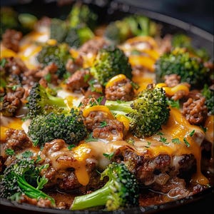 Könnte beinhalten: Nahaufnahme einer Bratpfanne gefüllt mit einem käsigen Auflauf aus Hackfleisch, Brokkoli-Röschen und geschmolzenem Käse.