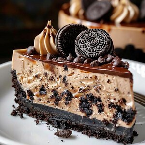 May include: A slice of chocolate cheesecake with a dark chocolate crust, topped with chocolate frosting, chocolate chips, and two Oreo cookies. The cheesecake has a light brown filling with dark chocolate cookie pieces.