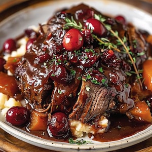 Peut inclure: Gros plan d'une assiette de viande braisée nappée d'une sauce foncée et brillante, garnie de canneberges fraîches et de brins de thym. Le plat est servi avec de la purée de pommes de terre et des légumes cuits.