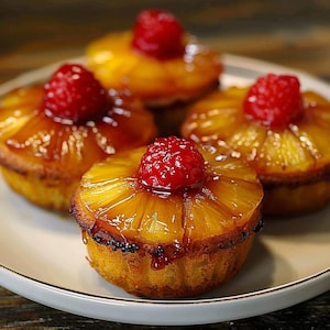 Può includere: Quattro mini tortine rovesciate all'ananas, guarnite con un lampone rosso fresco. Le torte hanno un colore marrone dorato con una copertura di ananas caramellata. Sono disposte su un piatto bianco.