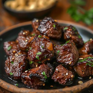 以下が含まれることがあります： 照り焼きの、一口サイズの調理された肉のクローズアップ。肉は濃い茶色で光沢があり、刻んだ緑色のハーブとゴマで飾られています。お皿は暗く、背景はぼやけています。