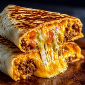 Può includere: Primo piano di una quesadilla tagliata a metà, che rivela un ripieno di carne macinata, pomodori a cubetti, cipolle e formaggio fuso. Il formaggio cola e la tortilla è dorata.