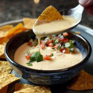 May include: A close-up shot of a bowl of queso dip with a tortilla chip being dipped into it. The dip is creamy and topped with diced tomatoes, onions, and cilantro. Tortilla chips are scattered around the bowl.