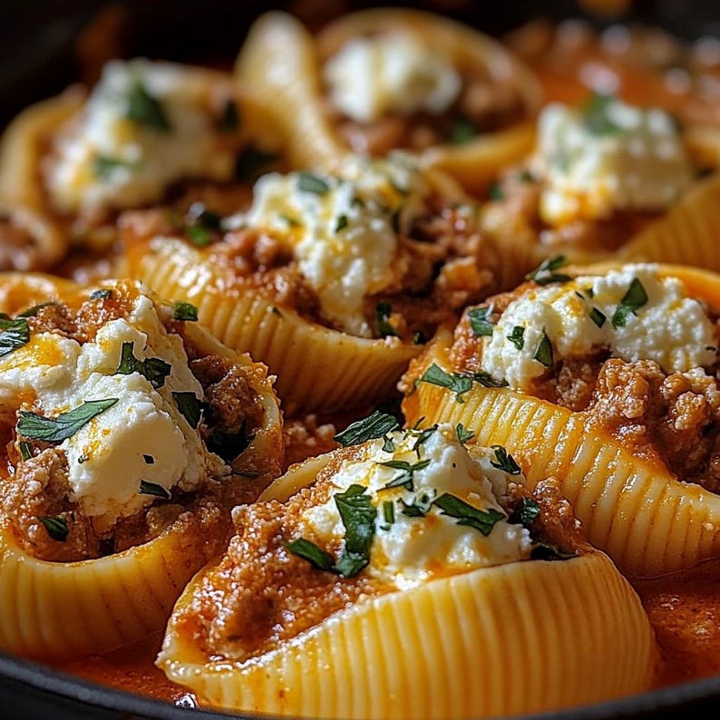 May include: Close-up of a dish of stuffed pasta shells with a creamy ricotta cheese filling, topped with a meat sauce and fresh parsley.